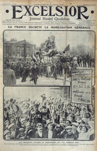 أعلنت فرنسا التعبئة العامة في 2 أغسطس 1914 ، وتغطي التوضيح لـ Excelsior يوم الأحد 2 أغسطس 1914 بواسطة المدرسة الفرنسية