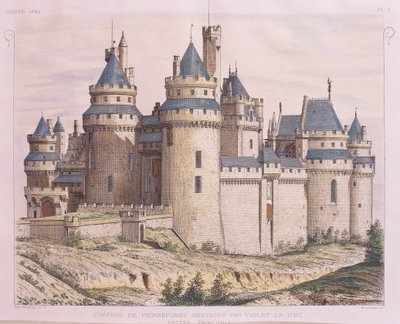 فرنسا ، قلعة Pierrefonds Medieval ، التي تم ترميمها بواسطة Violet le Duc من Moniteur des Architectes ، نقش بواسطة المدرسة الفرنسية