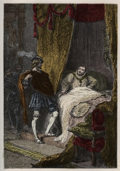 يفاجئ فرانسوا 1er (1494-1547) هنري الثامن (1491-1547) في الصباح في كامب دو دراب دور - فاجأ فرانسيس الأول هنري الثامن في حقول قماش الذهب - نقش من "" L'histoire de France racontee à mes grandenfants "" - بقلم فرانسوا جيزو - بواسطة المدرسة الفرنسية