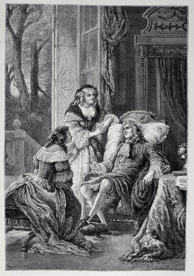فرانسوا دي لا روشفوكولد (1613-1680) يتحدث مع مادموزيل دي سيفيني (ماري دي رابوتين-شانتال) ، ماركيز دي سيفيني ديت مدام دي سيفيني (1626-1696) وماري مادلين (ماري مادلين) بيوش دي لا فيرجن ، كونتيسة دي لافاييت (مدام دي لا ف بواسطة المدرسة الفرنسية