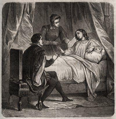 فرانسواز دي فوا ، كونتيسة شاتوبريانت (حوالي 1495-1537) ، مريضة ، تستقبل كليمان دي ماريت ديت ماروت (1496-1544) ، خادم فرانسوا الأول ، في السرير. نقش من عام 1871 في "Histoire Des Cocus Celebres" لهنري دي كوك (1819-1892). بواسطة المدرسة الفرنسية