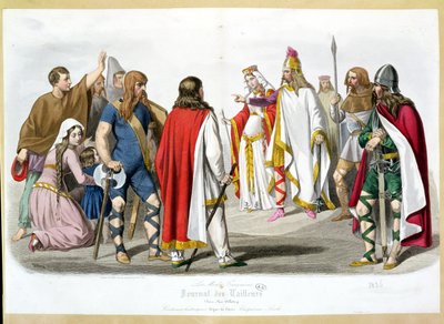 أزياء الفرنجة والميروفنجي ، لوحة أزياء تاريخية من Les Modes Francaises - Journal des Tailleurs ، 1836 بواسطة المدرسة الفرنسية