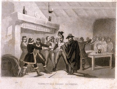 الماسونية: قسم الأخوة الحاصدين في بوتوك عام 1821. نقش من "" التاريخ الخلاب للفرانك ماكونيري وآخرون سوسيتيز سيكريتس آنتيك آند مودرن "بقلم إف تي بي كلافيل. باجنير ، محرر. 1843. بواسطة المدرسة الفرنسية