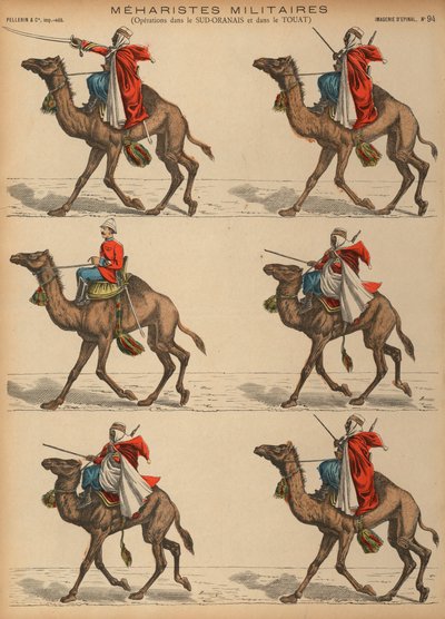 الجيش الفرنسي Meharistes (سلاح الفرسان) في الجزائر (نقش ملون) بواسطة المدرسة الفرنسية