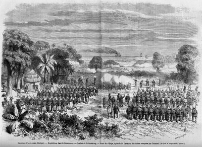 المستعمرات الفرنسية (السنغال) 1865: رحلة استكشافية في كازامانس. معركة Guimbering ، الاستيلاء على القرية ، حلقة الهجوم على الكثبان الرملية التي يحتلها العدو. بواسطة المدرسة الفرنسية