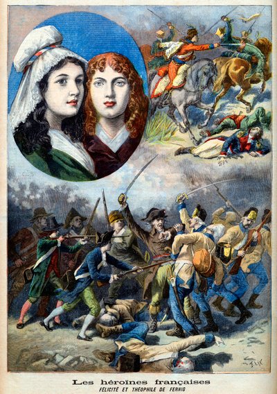الثورة الفرنسية - البطلات الفرنسيات: الأختان فيليسيت (1770-1841) وتيوفيل (1875-1819) لفرنيج الذي قاتل بزي رجل ضد النمساويين لمشاهدة والدهم في عام 1792 - رسم توضيحي من "Le Petit Journal" في 7 أغسطس 1894 بواسطة المدرسة الفرنسية