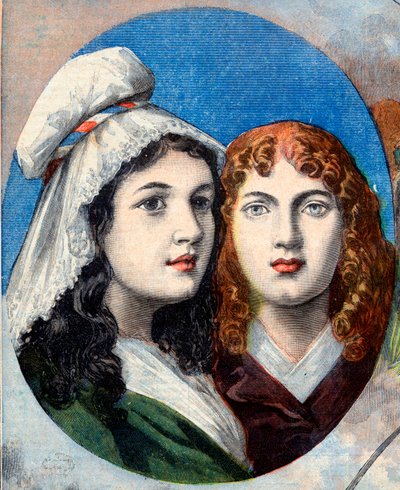 الثورة الفرنسية - البطلات الفرنسيات: الأختان فيليسيت (1770-1841) وتيوفيل (1875-1819) لفرنيج الذي قاتل بزي رجل ضد النمساويين لمشاهدة والدهم في عام 1792 - رسم توضيحي من "Le Petit Journal" في 7 أغسطس 1894 بواسطة المدرسة الفرنسية