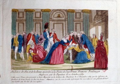 الثورة الفرنسية: "" لقاء لويس السادس عشر وماري أنطوانيت في 15/11/1789 منحت لأرملة مجزرة فرانسوا بولانجر من قبل الجماهير في 21/10/1789 "" نقش القرن الثامن عشر. باريس ، مكتبة الارسنال بواسطة المدرسة الفرنسية