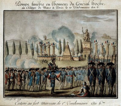 الثورة الفرنسية: "" احتفال مضخة funebre Pump تكريماً للجنرال لازار هوش (1768-1797) في Champs de Mars في باريس في العاشر من الجمعة العام 6 "" نقش عام 1797. فرساي ، متحف لامبينيت بواسطة المدرسة الفرنسية