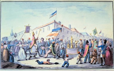 الثورة الفرنسية: "" تنكّر الشعب بالملابس الكهنوتية ". لوحة مائية مجهولة. 1793. باريس ، مكتبة لارسنال بواسطة المدرسة الفرنسية