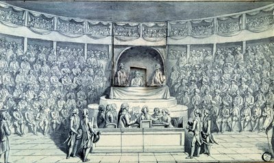 الثورة الفرنسية: استجوب أنطوان بارناف (1761-1793) الملك لويس السادس عشر (1754-1793) على رأسه أثناء محاكمته أمام المؤتمر الوطني الذي سيقرر حكم الإعدام الصادر بحقه في 21/1/1793. رسم مجهول حوالي عام 1793. باريس ، متحف اللوفر بواسطة المدرسة الفرنسية