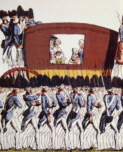 French Revolution: Return of the Royal Family to Paris on 25 June 1791 after the arrest in Varennes on 20 and 21 June 1791. Eau-forte coloriee anonymous 1791 Sun. 23.2x34.6 Paris, Musee Carnavalet. بواسطة المدرسة الفرنسية