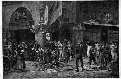 الثورة الفرنسية: "تمثال نصفي لمارات عند عمود هاليس". تكريما لجان بول مارات (1743-1793) ، تم وضع تمثال نصفي له بعد وفاته في Halles de Paris. نقش على لوحة لجورج جول أوغست كاين (1856-1919) في "" The Il بواسطة المدرسة الفرنسية