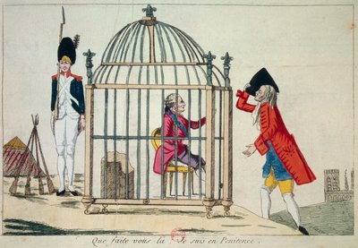 الثورة الفرنسية: "ماذا تفعل ، أنا في ندم" يمثل الملك لويس السادس عشر (1754-1793) في قفص عشية رحلته إلى فارين في يونيو 1791. نقش ساخر في باريس ، مكتبة الأرسنال بواسطة المدرسة الفرنسية