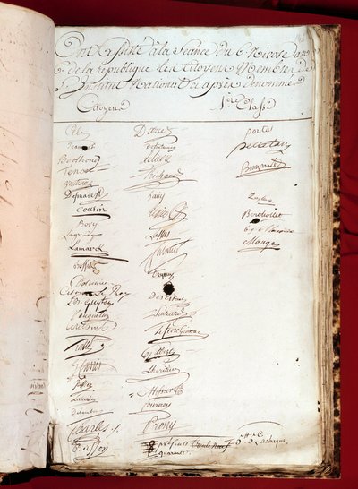 الثورة الفرنسية: ورقة من سجل حضور 26/12/1797 (6 نيفوس السنة السادسة) مع تواقيع الأشخاص الذين التحقوا بالمعهد الوطني. باريس ، أكاديمية العلوم بواسطة المدرسة الفرنسية