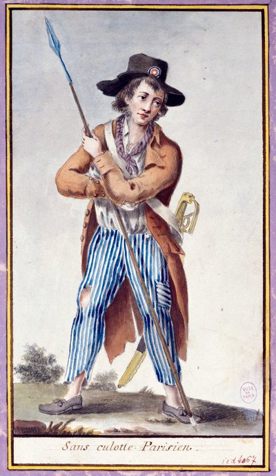الثورة الفرنسية: الباريسي بدون سراويل لديه البستوني. طبعة مجهولة حوالي عام 1789. باريس ، متحف كارنافاليت بواسطة المدرسة الفرنسية