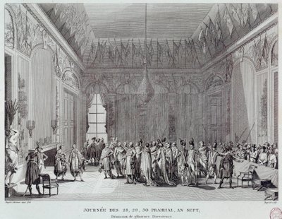 الثورة الفرنسية: أيام 28 و 29 و 30 البراري من السنة السابعة التي أدت في 18/06/1799 إلى انقلاب أبي إيمانويل جوزيف سييس (1748-1836) (أو انتقام المجالس) وشهدت استقالة العديد من مديري الترميدوريين. نقش o بواسطة المدرسة الفرنسية