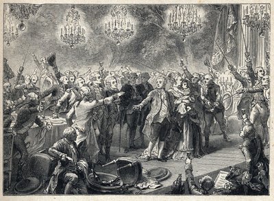 الثورة الفرنسية: الملكيون يقسمون الولاء للنظام الملكي في حضور الملك لويس السادس عشر (1754-1793) من الملكة ماري أنطوانيت (1755-1793) والدلفين في مأدبة الحراس الشخصيين التي نظمت في 1 أكتوبر 1789 في أورانجيري دو فرساي - بواسطة المدرسة الفرنسية