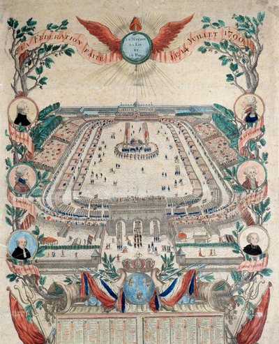 الثورة الفرنسية: منظر لعيد الاتحاد الوطني في 14/07/1790 في شان دي مارس. نقش من عام 1790. باريس، الأرشيف الوطني بواسطة المدرسة الفرنسية