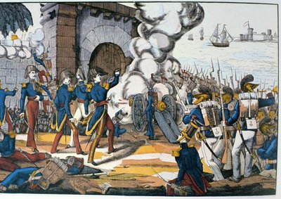 الهجوم الفرنسي على القلعة المكسيكية سان خوان دي أولوا خلال حرب المعجنات عام 1838 بواسطة المدرسة الفرنسية