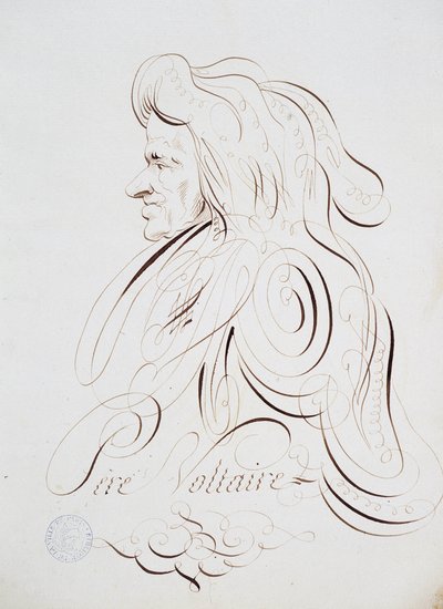 الخط الفرنسي: صورة للأب فولتير رسمها برنار دي باريس حوالي عام 1780. المكتبة التاريخية لمدينة باريس. بواسطة المدرسة الفرنسية