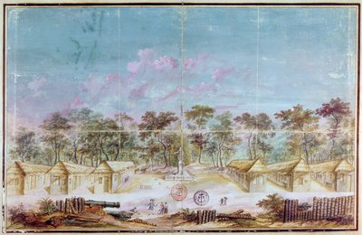 مستوطنون مستعمرون فرنسيون على شاطئ كورو ، غيانا عام 1763 (مرحاض على ورق) بواسطة المدرسة الفرنسية