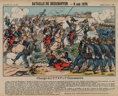 cuirassiers الفرنسيون يشحنون المشاة البروسيين في معركة Reichshoffen ، الحرب الفرنسية البروسية ، 6 أغسطس 1870 (نقش ملون) بواسطة المدرسة الفرنسية