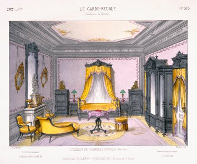 تصميم فرنسي لغرفة نوم داخلية على الطراز اليوناني الجديد من كتاب نمط Le Garde-Meuble ، نشره D Guillard ، باريس بواسطة المدرسة الفرنسية