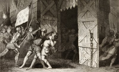 يهاجم الفرسان الفرنسيون مدينة تحت سيطرة اللغة الإنجليزية خلال حرب المائة عام ، من `` Histoire de France &39;&39; بواسطة Colart ، تم نشره عام 1840 بواسطة المدرسة الفرنسية