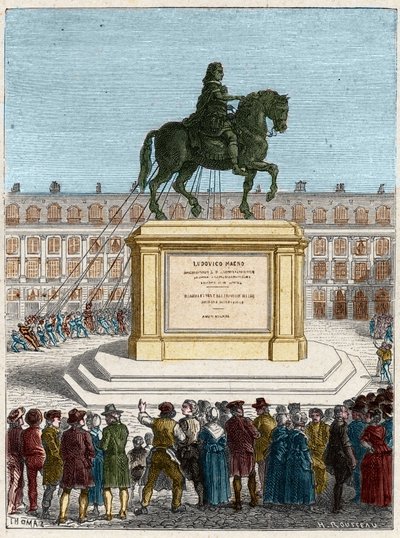 الثورة الفرنسية: الإطاحة بتمثال الملك لويس الرابع عشر (1643-1715) ، ساحة فاندوم في باريس بواسطة المدرسة الفرنسية