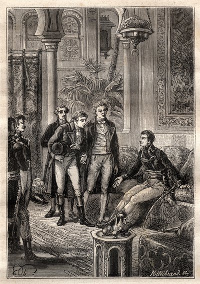 التقى فريدريش كونراد هورنمان (1772-1801) بنابليون بونابرت في القاهرة عام 1797 بحضور غاسبار مونج (1746-1818) وكلود لويس بيرثوليت (1748-1822) - رسم توضيحي مأخوذ من "البحارة العظماء في القرن الثامن عشر" بواسطة المدرسة الفرنسية