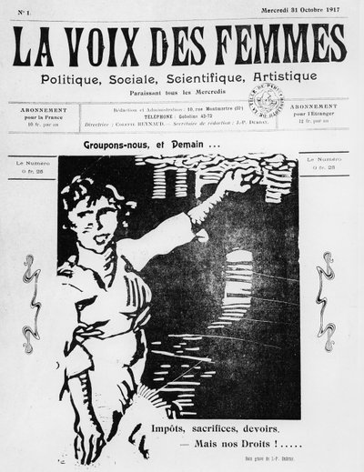الغلاف الأمامي ل La Voix des Femmes ، نُشر في باريس ، أكتوبر 1917 (ورق مطبوع وخط خشبي) بواسطة المدرسة الفرنسية