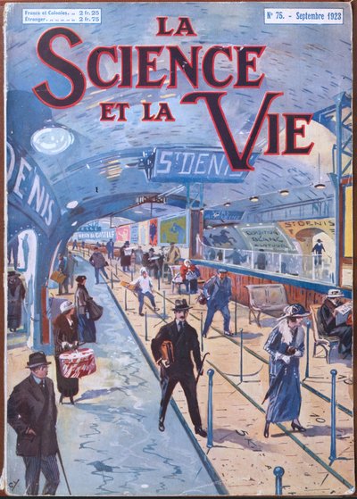 الغلاف الأمامي لـ "La Science et la Vie" يوضح مشروع ممشى متحرك في مترو باريس ، سبتمبر 1923 (ليثو ملون) بواسطة المدرسة الفرنسية