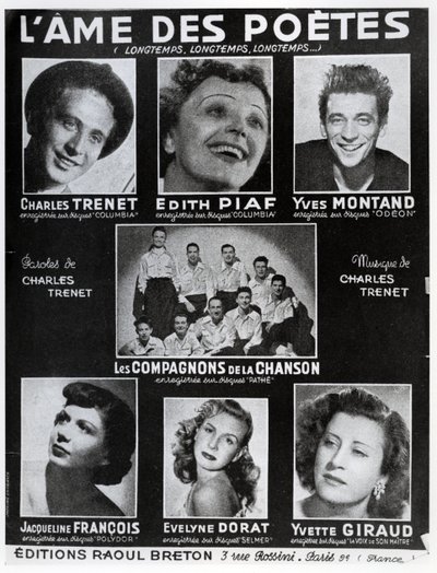 الغلاف الأمامي لنتائج أغنية LAme des Poetes مع الكلمات والموسيقى بواسطة Charles Trenet ، التي نشرتها في باريس بواسطة Editions Raoul Breton بواسطة المدرسة الفرنسية