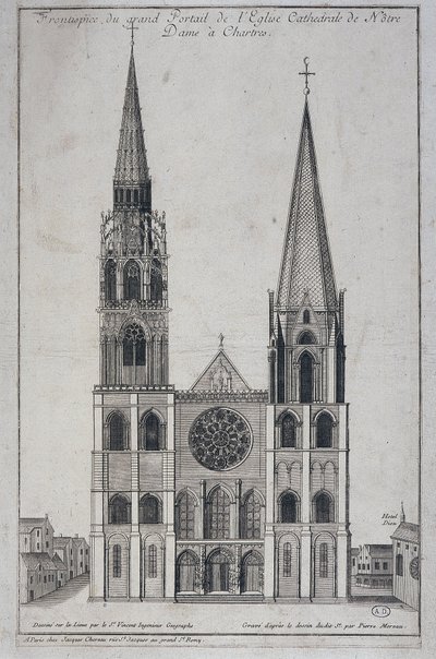 واجهة البوابة الكبيرة للكنيسة Cathedrale de Notre Dame à Chartres ، التي صممها في الموقع مهندس سانت فنسنت الجغرافي ، sd. القرن ال 19 بواسطة المدرسة الفرنسية
