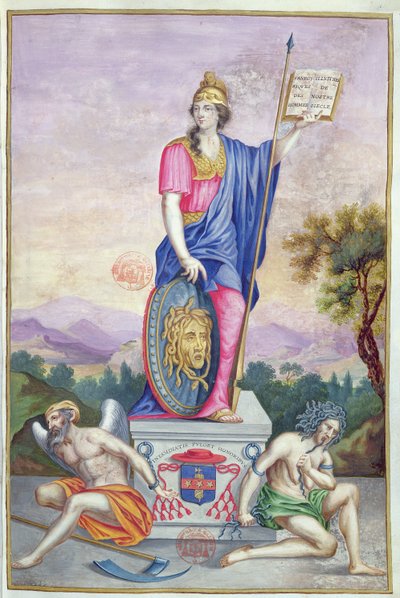 رسم توضيحي على الوجه الأمامي للإلهة منيرفا من Les Panegyriques des Hommes Illustres de Notre Siecle بواسطة Puget de la Serre ، 1655 بواسطة المدرسة الفرنسية