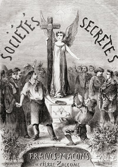 نُشرت نسخة من Frontispiece من Societes Secretes ، les Francs Macons ، c.1867 بواسطة المدرسة الفرنسية