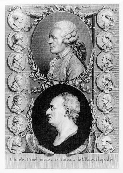 صورة من نسخة Panckocke من LEncyclopédie ، تظهر DAlembert و Diderot محاطين بميداليات المؤلفين الرئيسيين لـ LEncyclopédie بواسطة المدرسة الفرنسية