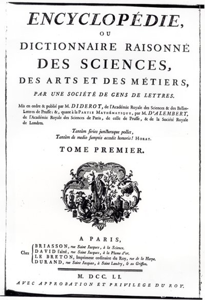 واجهة لموسوعة العلوم والفنون والهندسة بقلم دينيس ديدرو (1713-1784) المنشورة في باريس ، 1751 بواسطة المدرسة الفرنسية