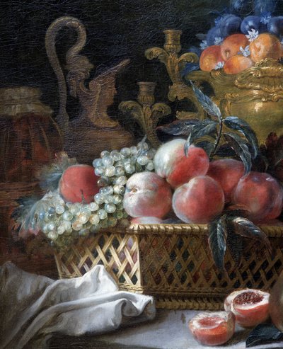 مزهرية وسلة فواكه (تفصيل). 1770 (زيت على قماش) بواسطة المدرسة الفرنسية