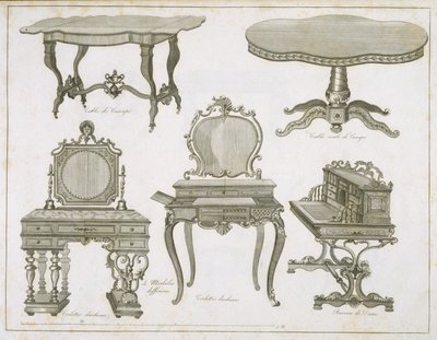 تصميمات الأثاث من تصميم Lefevre-Chauveaux ، من ألبوم Dessins de Meubles ، نقش بالأبيض والأسود بواسطة المدرسة الفرنسية
