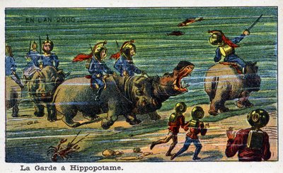 أيام المستقبل: رؤية القرن التاسع عشر لعام 2000 - الدوري الإيطالي "" En l'year 2000 ": الحرس في Hippotamus (تحت سطح البحر). الطباعة الحجرية الملونة بواسطة فيلمارد بواسطة المدرسة الفرنسية
