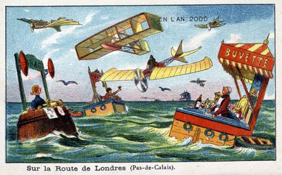 Futuredays: رؤية القرن التاسع عشر لعام 2000 - سلسلة "En l'year 2000": في الطريق إلى لندن ، المتاجر العائمة والنقل الجوي الفردي - Chromolithography by Villemard بواسطة المدرسة الفرنسية