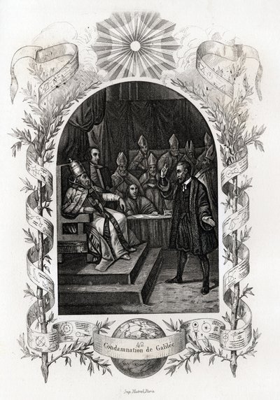 الجليل (أو جاليليو جاليلي (1564-1642)) قبل المكتب المقدس في الفاتيكان "" حكمت محكمة التفتيش على عالم الفلك في عام 1632. نقش لتوضيح تاريخ الباباوات لموريس لاكاتر (1814-1900) ، مكتبة التحرير ، باريس. بواسطة المدرسة الفرنسية
