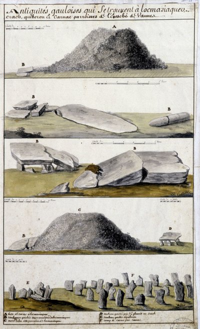 الآثار الغالية الموجودة في Locmaziaquev و Crach و Quiberon و Carnac ، أبرشيات Eveche de Vanne - في "" الوصف التاريخي والطبوغرافي والطبيعي لبريتاني "" بقلم Robien بواسطة المدرسة الفرنسية