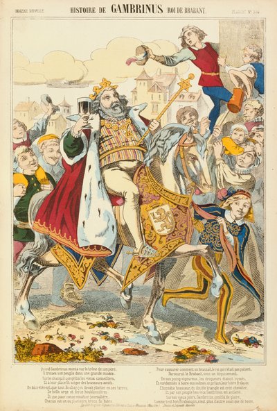 Gambriunus ، ملك فلاندرز الأسطوري ، ورقة عريضة نشرها Verlag Haguenthal ، Pont-a-Mousson ، 1860 بواسطة المدرسة الفرنسية