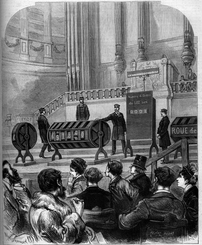 لعبة الحظ: سحب اليانصيب الوطني في قاعة الاحتفالات تروكاديرو في 6 يناير 1879 في باريس. نقش في "" Le Monde Illustré "" رقم 1140 بتاريخ 1 فبراير 1879. بواسطة المدرسة الفرنسية