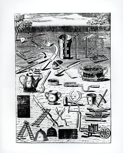أدوات الحديقة ، من "The Flower Gardener" ، بواسطة Louis Liger d'Auxerre (1658-1717) ، نُشرت عام 1787 (نقش) (صورة بالأبيض والأسود) بواسطة المدرسة الفرنسية