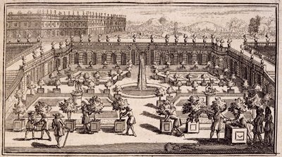 يعمل البستانيون في حديقة برتقالية ، من Le Parfait Jardinier ، أو Instruction pour les Jardins Fruitiers et Potager ، بقلم جان دي لا كوينتيني ، تم نشره عام 1695 بواسطة المدرسة الفرنسية