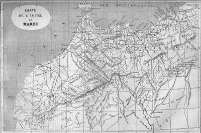 خريطة جغرافية لإمبراطورية المغرب عام 859. نقش في "" Le Monde Illustré "رقم 129 بتاريخ 1 أكتوبر 1859. بواسطة المدرسة الفرنسية
